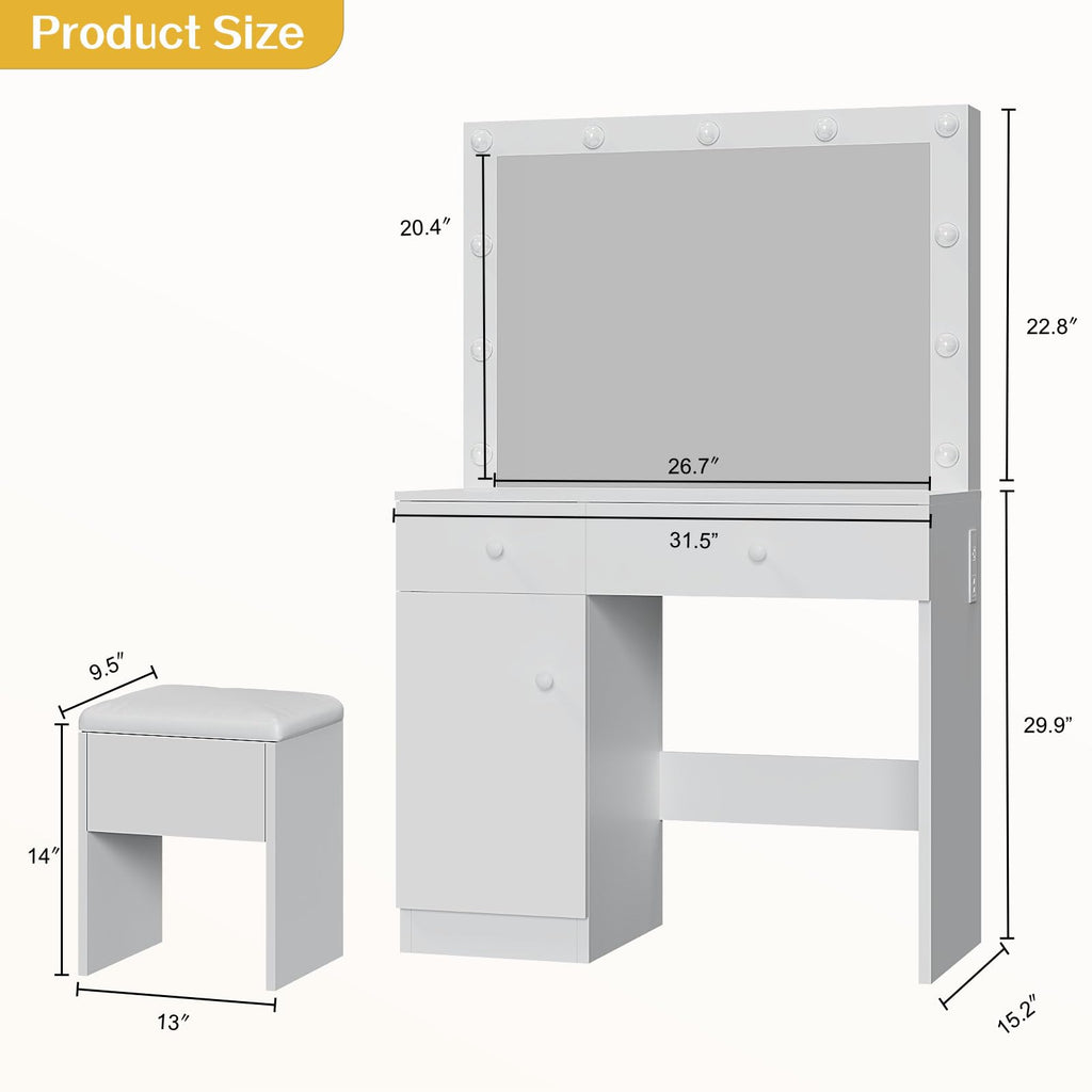White Makeup Vanity Desk with Lighted Mirror and Chair Set K4510