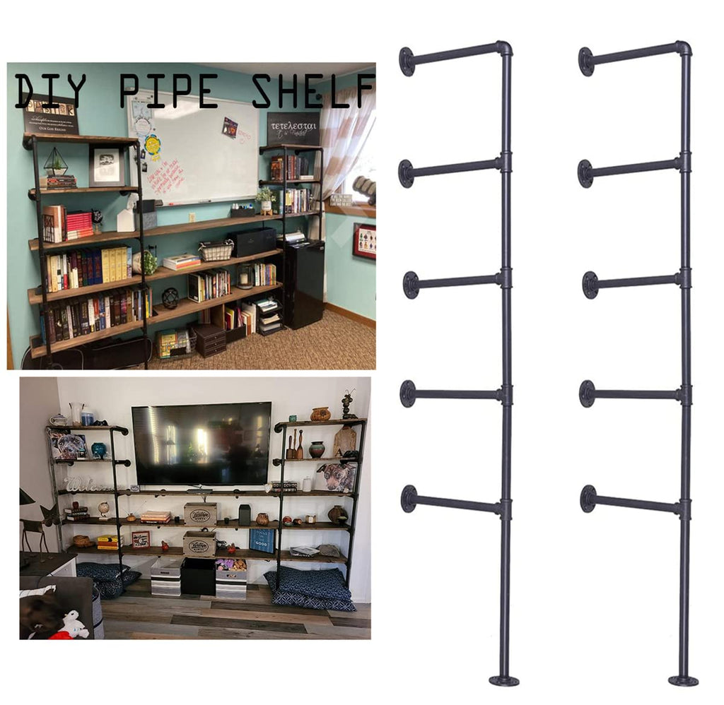 Black Iron Pipe Shelf Bracket, 2Pcs 5 Tier 70" Tall 12" Deep H1919