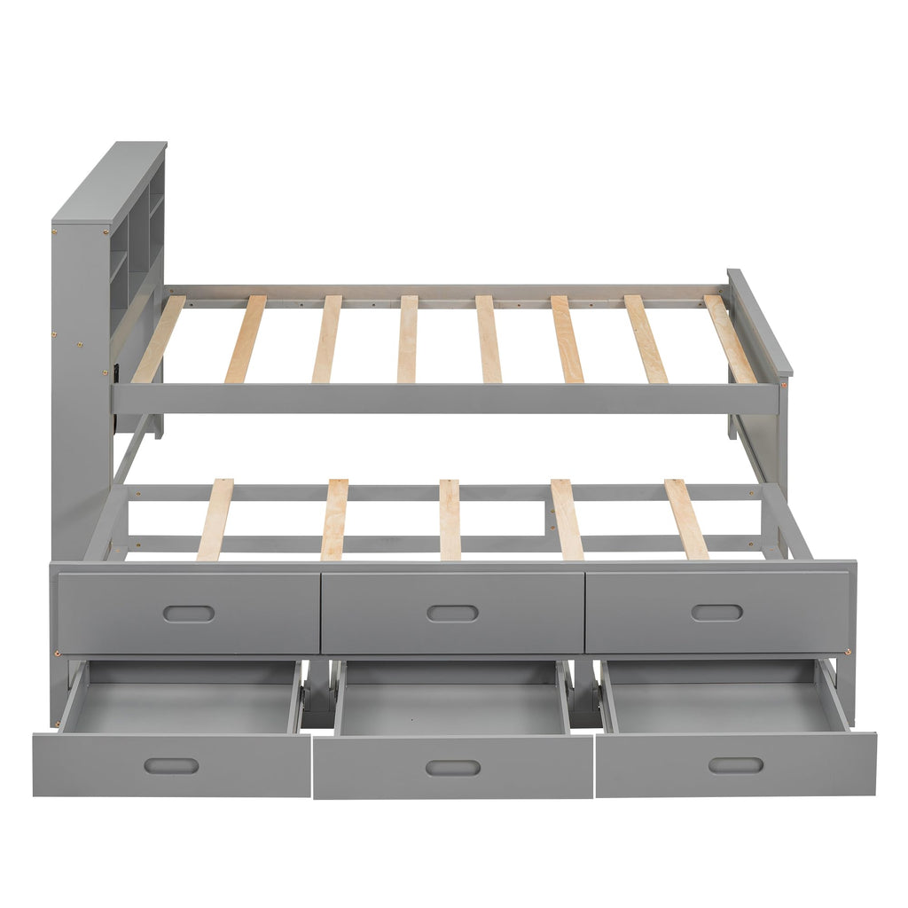 Twin Size Platform Bed with Storage Headboard, Trundle and 3 Drawers, Gray R319