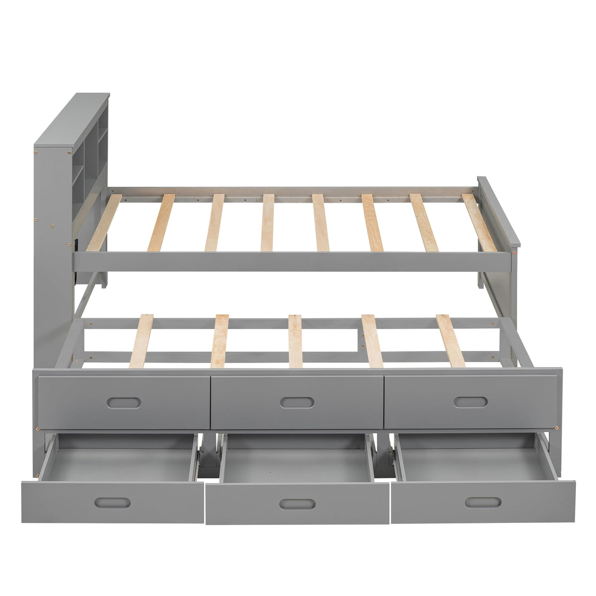 Twin Size Platform Bed with Storage Headboard, Trundle and 3 Drawers, Gray R319