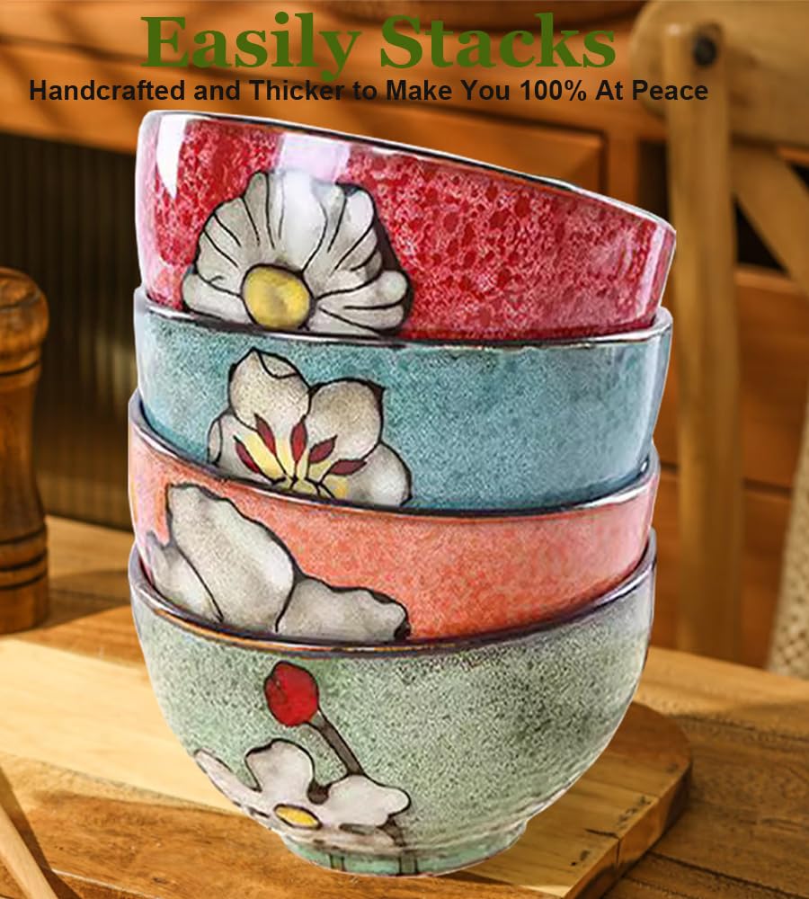 Ceramic Cereal Bowl Set of 4, 28oz Floral Pattern, Microwave Safe V6754