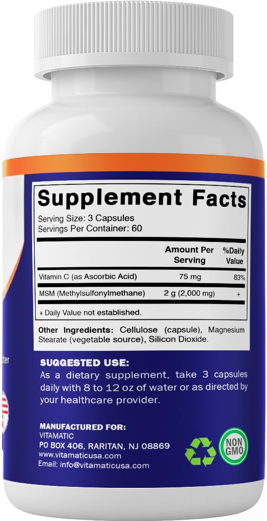 MSM 2000 mg with Vitamin C 180 Veg Capsules Non-GMO Gluten Free V1378