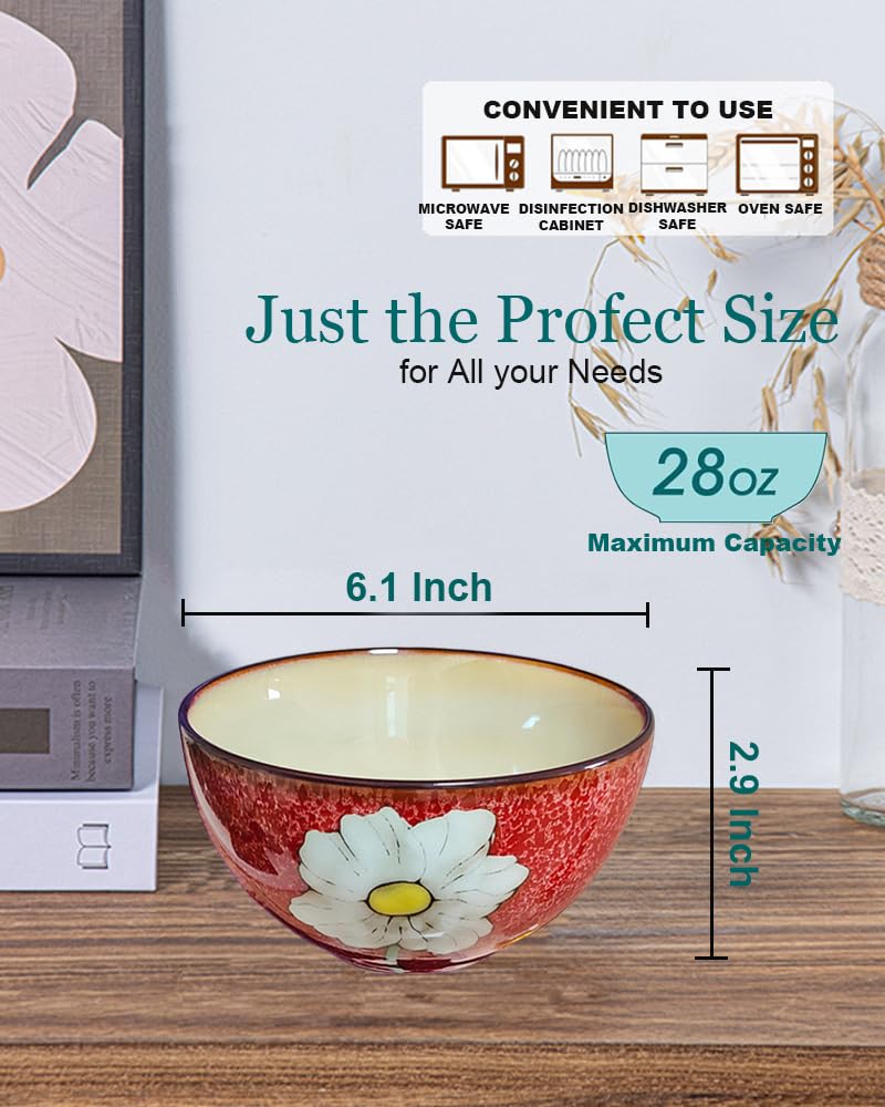 Ceramic Cereal Bowl Set of 4, 28oz Floral Pattern, Microwave Safe V6754