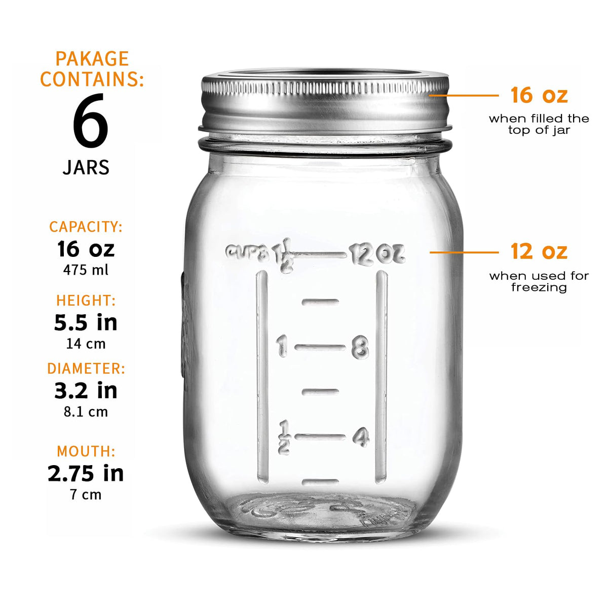 16 Oz 6 Pack Regular Mouth Mason Jars C5627