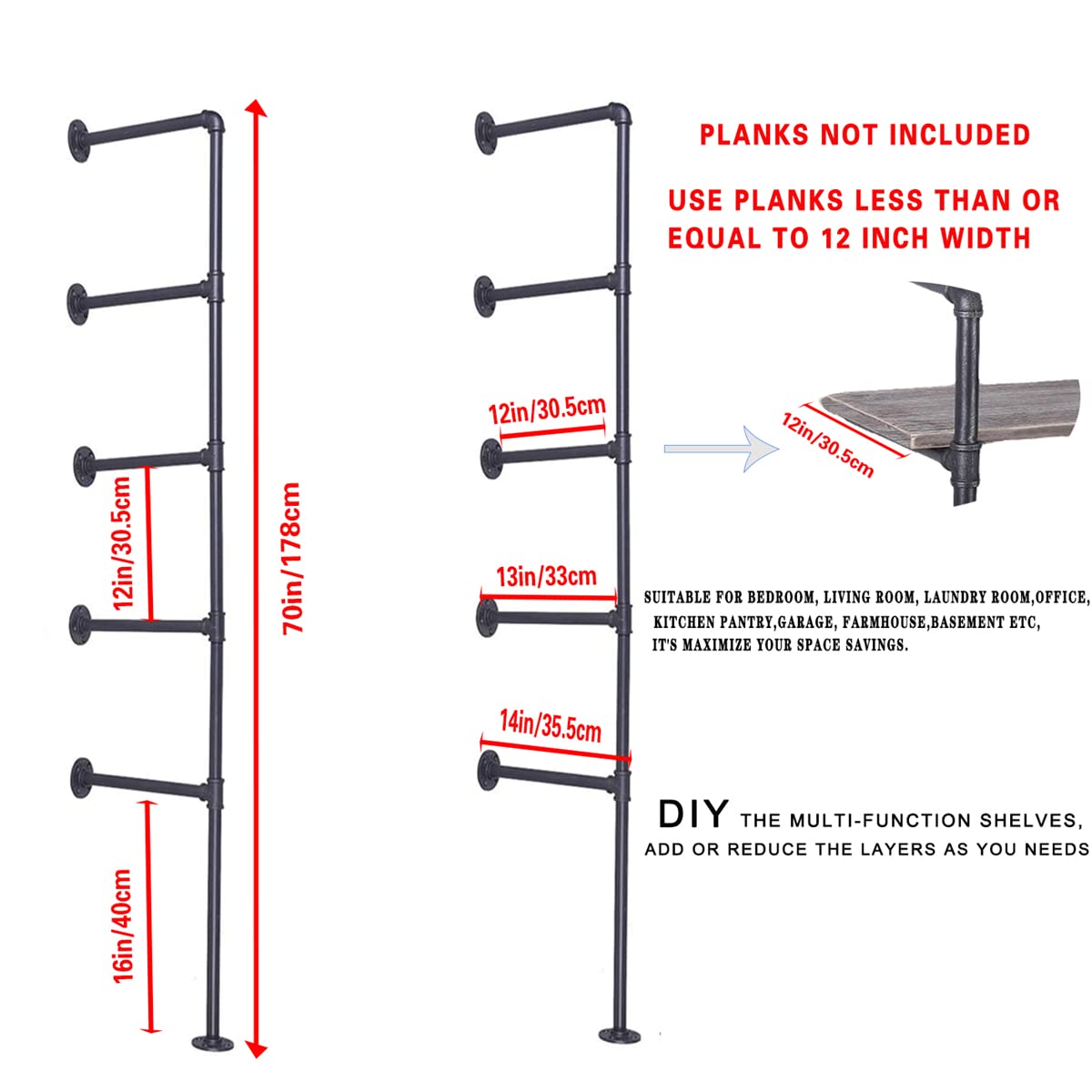 Black Iron Pipe Shelf Bracket, 2Pcs 5 Tier 70" Tall 12" Deep H1919