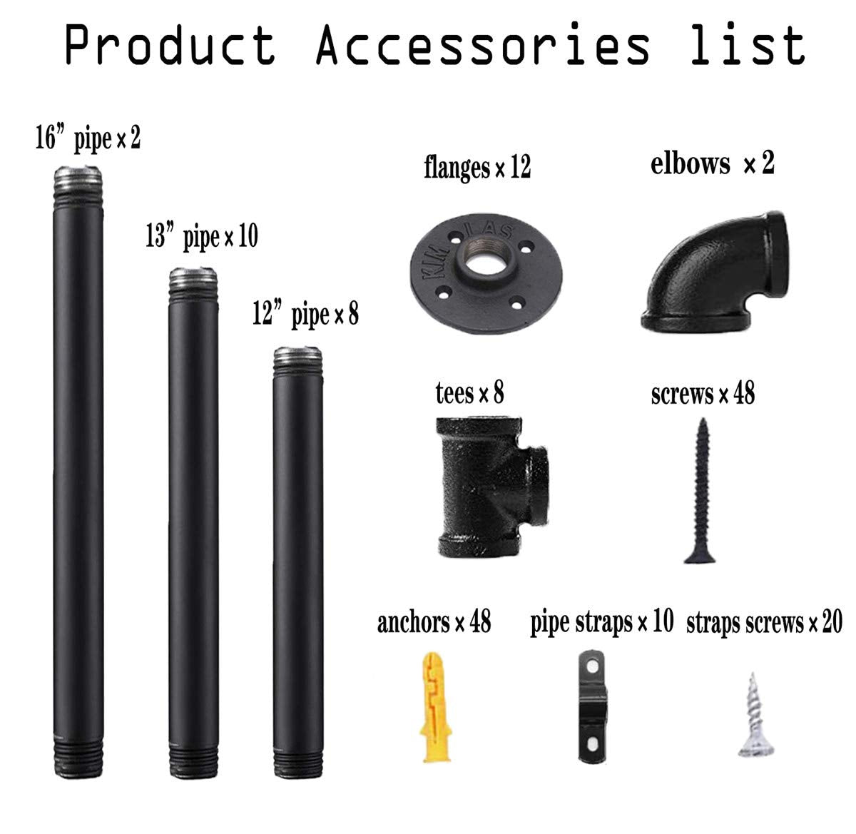 Black Iron Pipe Shelf Bracket, 2Pcs 5 Tier 70" Tall 12" Deep H1919