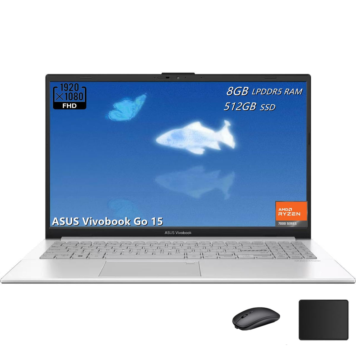 15.6" FHD Laptop, AMD Ryzen 5, 8GB RAM, 512GB SSD, Windows 11, Cool Silver N53420