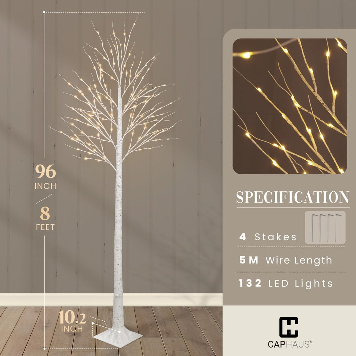 8 Ft White Pre-Lit Birch Tree with 132 Warm White LED U806