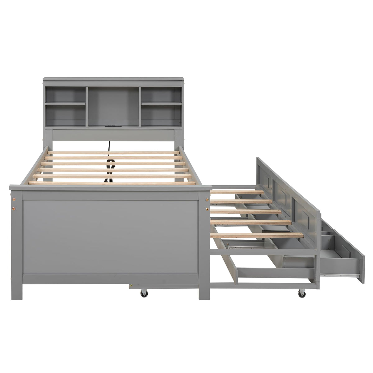 Twin Size Platform Bed with Storage Headboard, Trundle and 3 Drawers, Gray R319