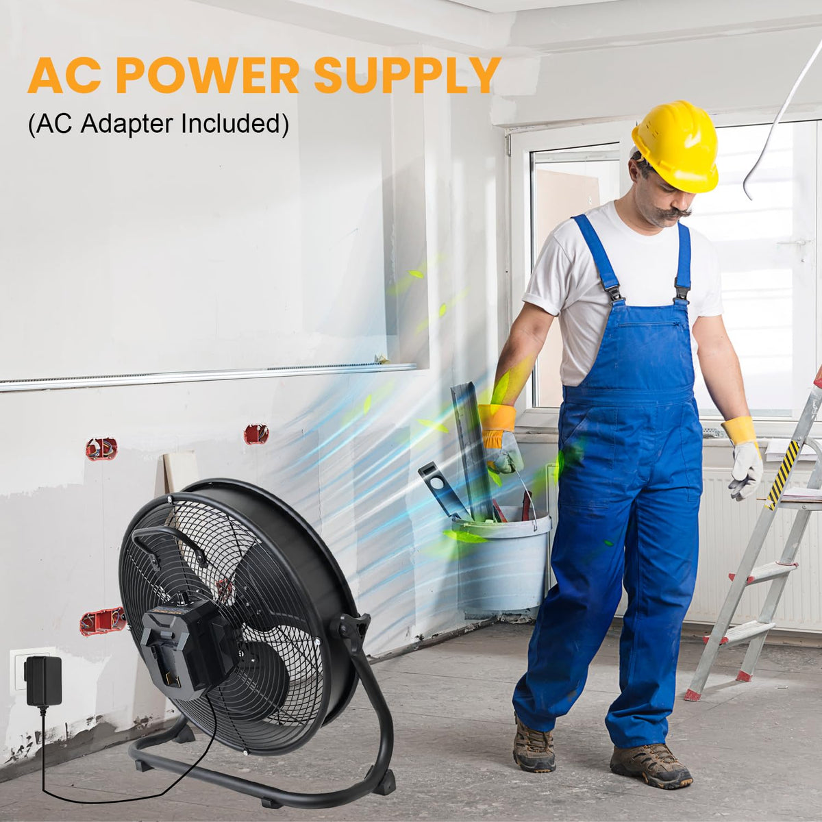 14" Battery Operated Floor Fan with AC Adapter, 1500 CFM Variable Speed Metal Fan H602715