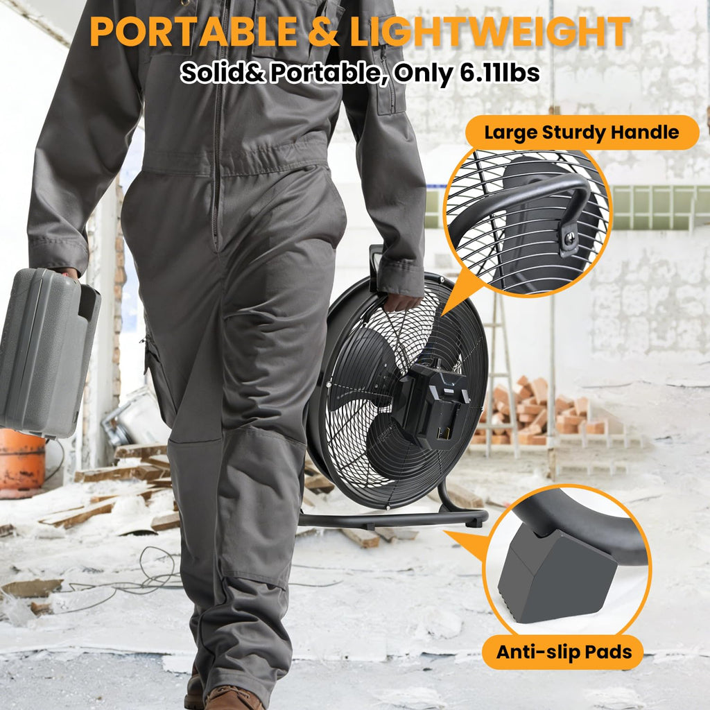 14" Battery Operated Floor Fan with AC Adapter, 1500 CFM Variable Speed Metal Fan H602715