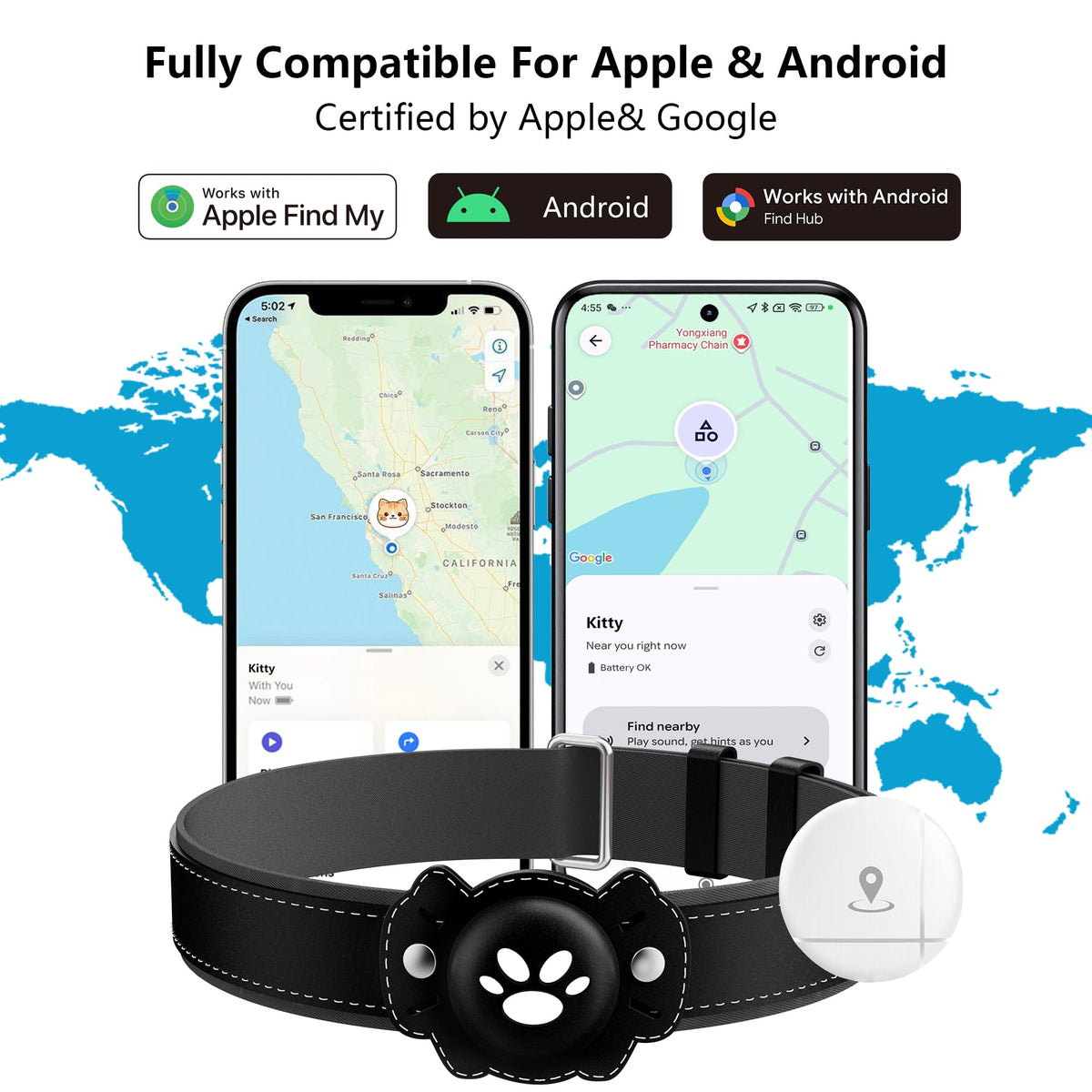 GPS Cat Collar Tracker, Waterproof, Black W9491