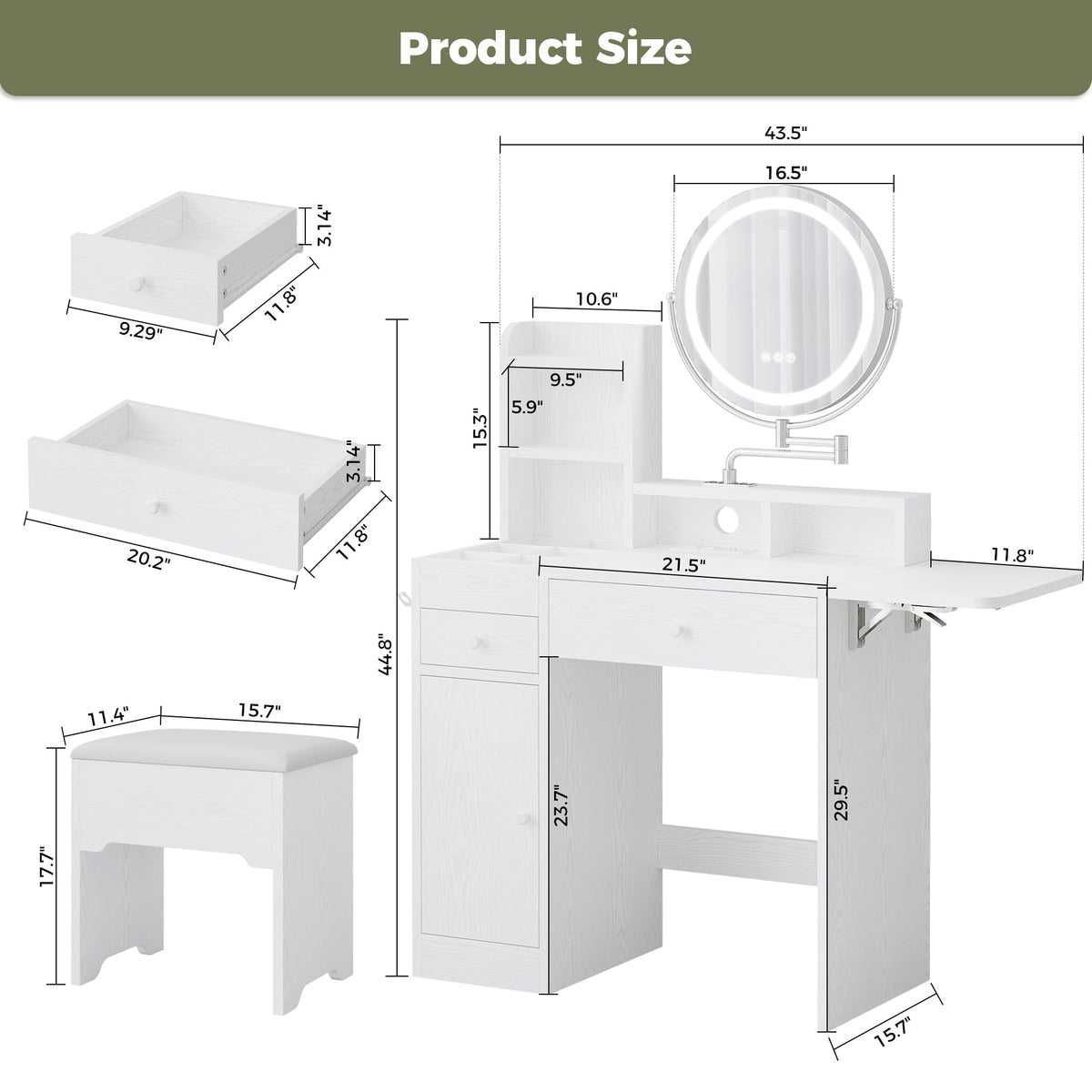 White Vanity Desk with Mirror & Power Outlet E53311