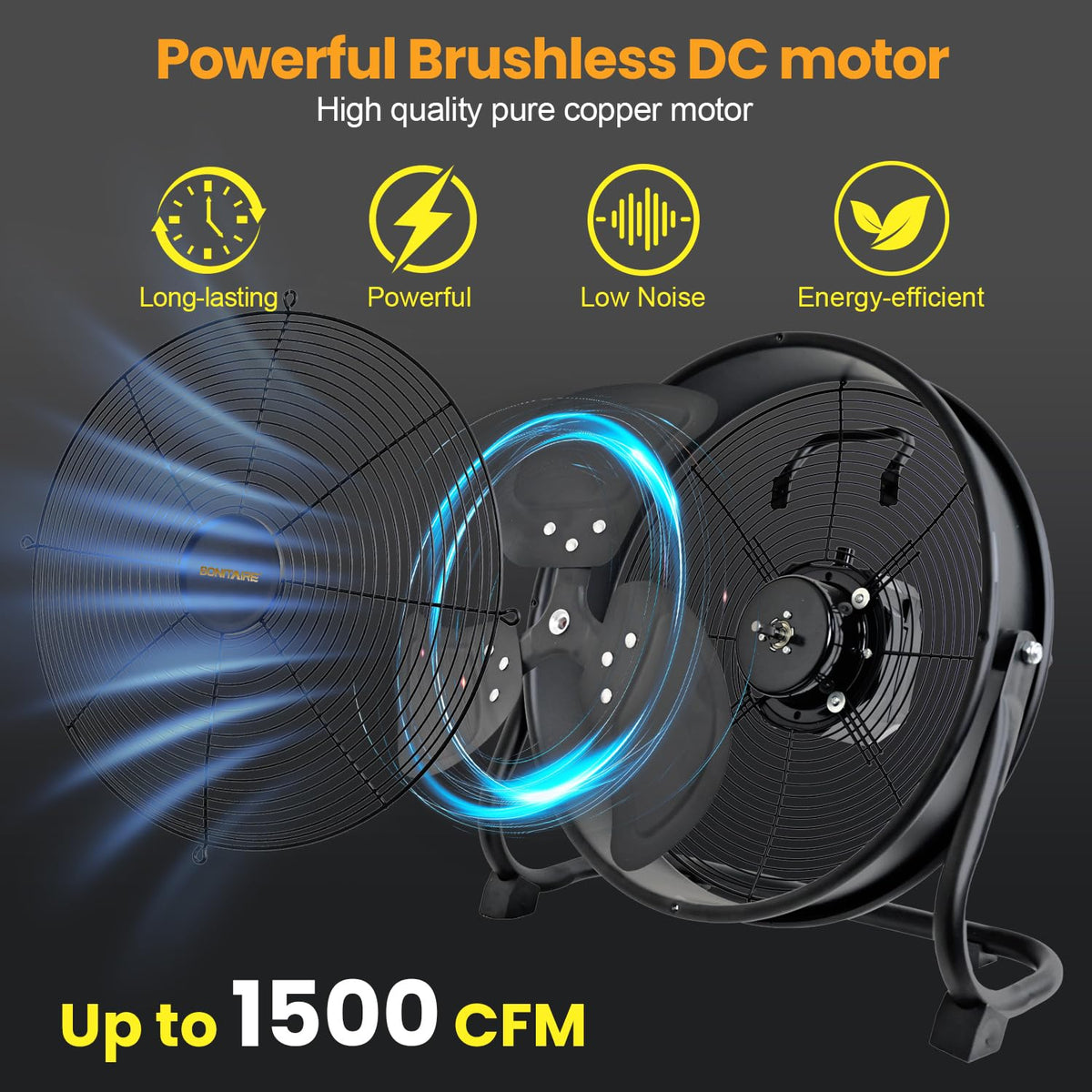 14" Battery Operated Floor Fan with AC Adapter, 1500 CFM Variable Speed Metal Fan H602715
