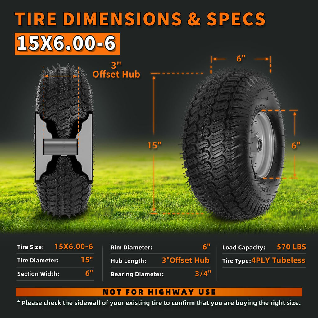 2 Pack 15x6.00-6nhs Tubeless Lawn Mower Tires and Wheel H791994