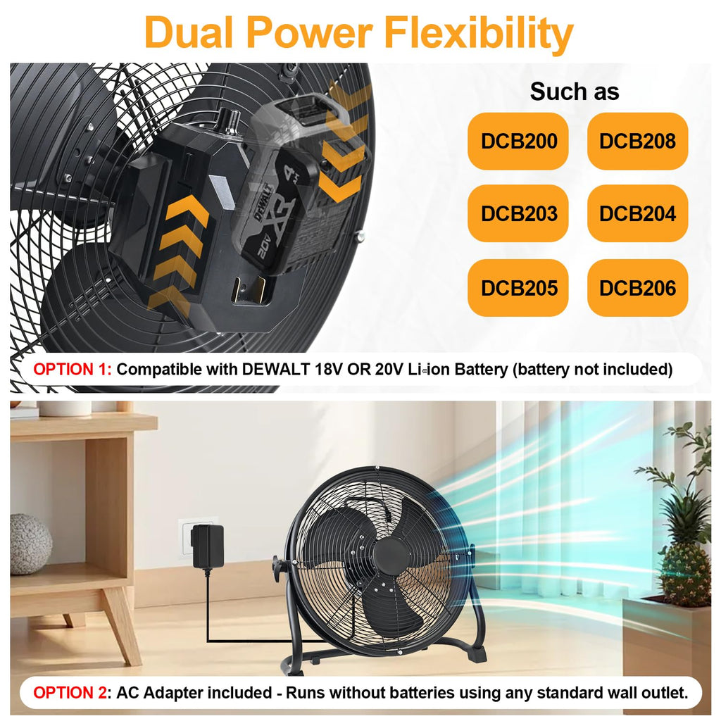 14" Battery Operated Floor Fan with AC Adapter, 1500 CFM Variable Speed Metal Fan H602715