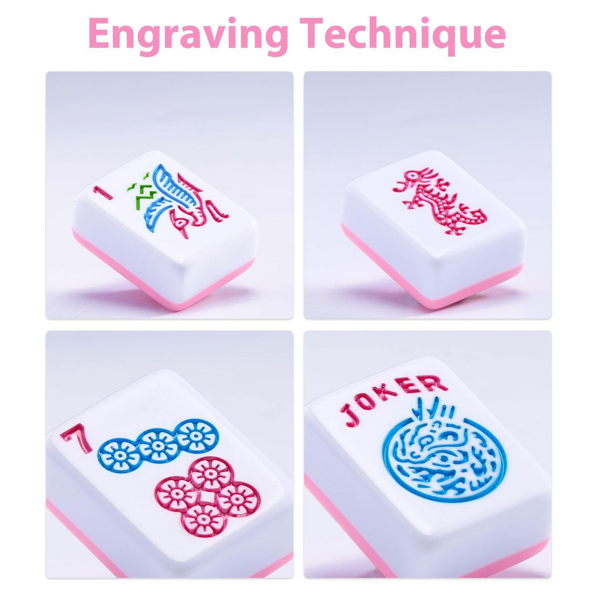 American Mahjong Set with Light Blue Carrying Bag, 166 Pink Engraved Melamine Tiles, 4 Transparent Racks with Pushers G7713