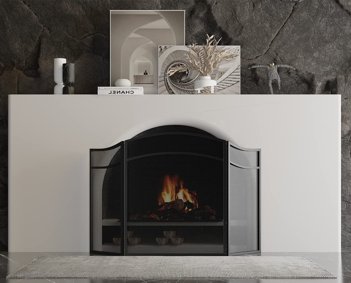 3 Panels Fireplace Screen with Arch Frame Black M37723