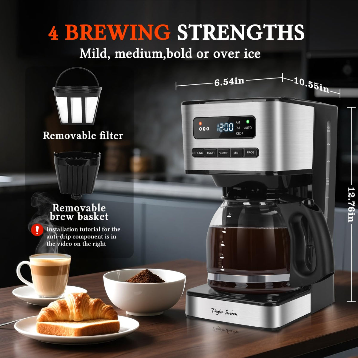 Programmable Coffee Maker 12 Cup, Black & Stainless Steel L56264