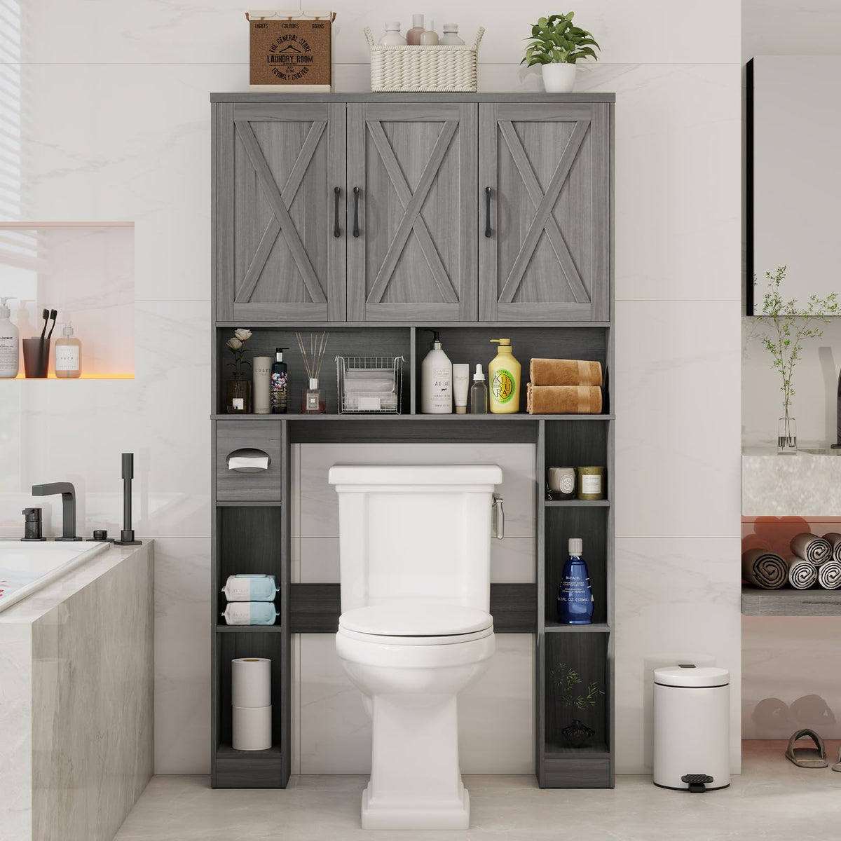 Over The Toilet Storage Cabinet with 3 Barn Doors G81679