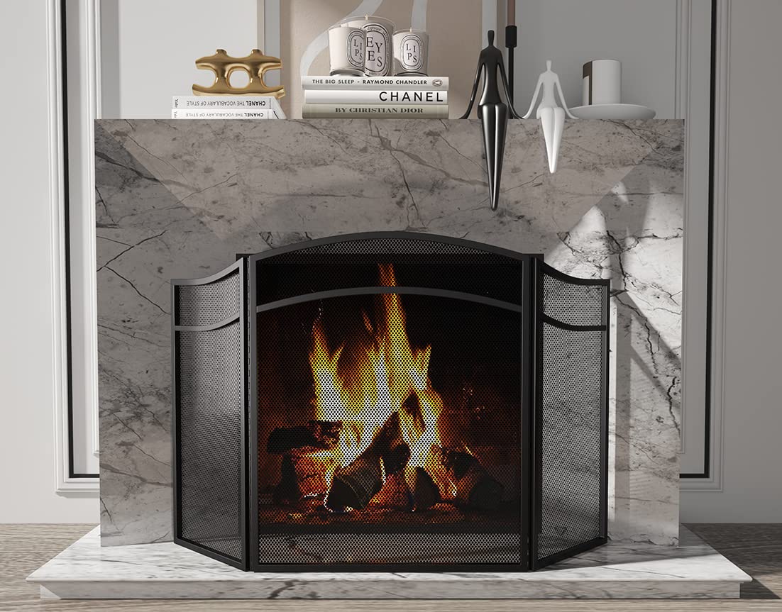 3 Panels Fireplace Screen with Arch Frame Black M37723
