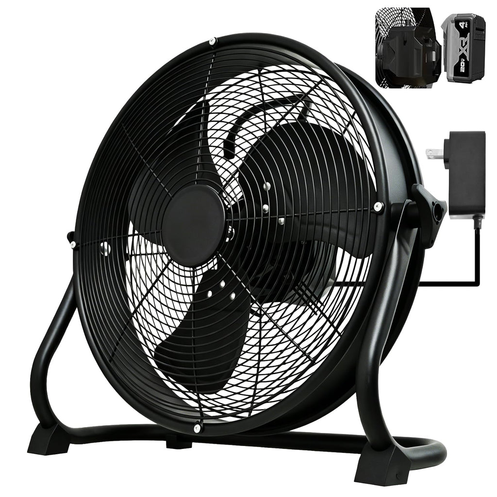14" Battery Operated Floor Fan with AC Adapter, 1500 CFM Variable Speed Metal Fan H602715