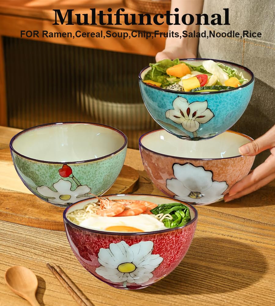 Ceramic Cereal Bowl Set of 4, 28oz Floral Pattern, Microwave Safe V6754