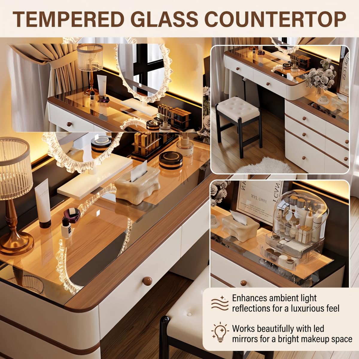 Leather Makeup Vanity with Tempered Glass Top & LED Light D1007