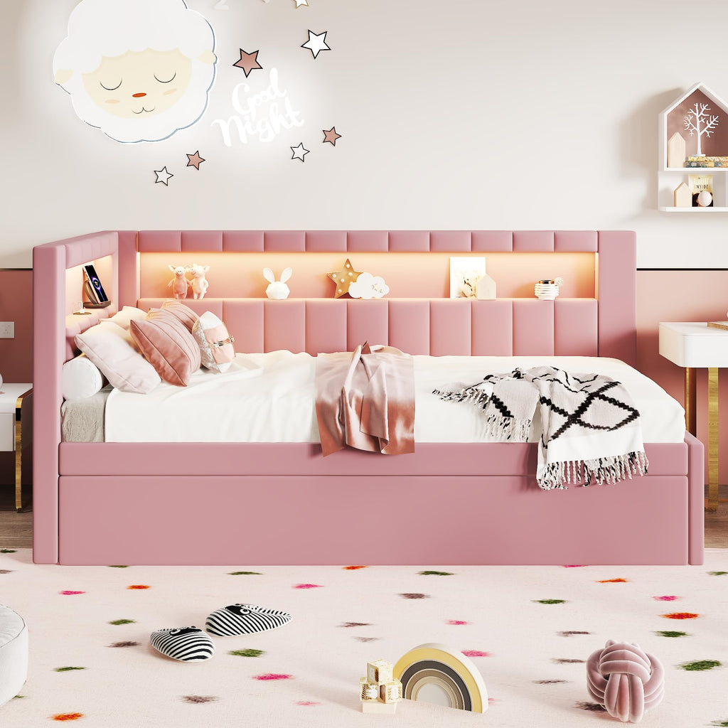 Twin Size Upholstered Platform Bed with Trundle and USB Ports O165774