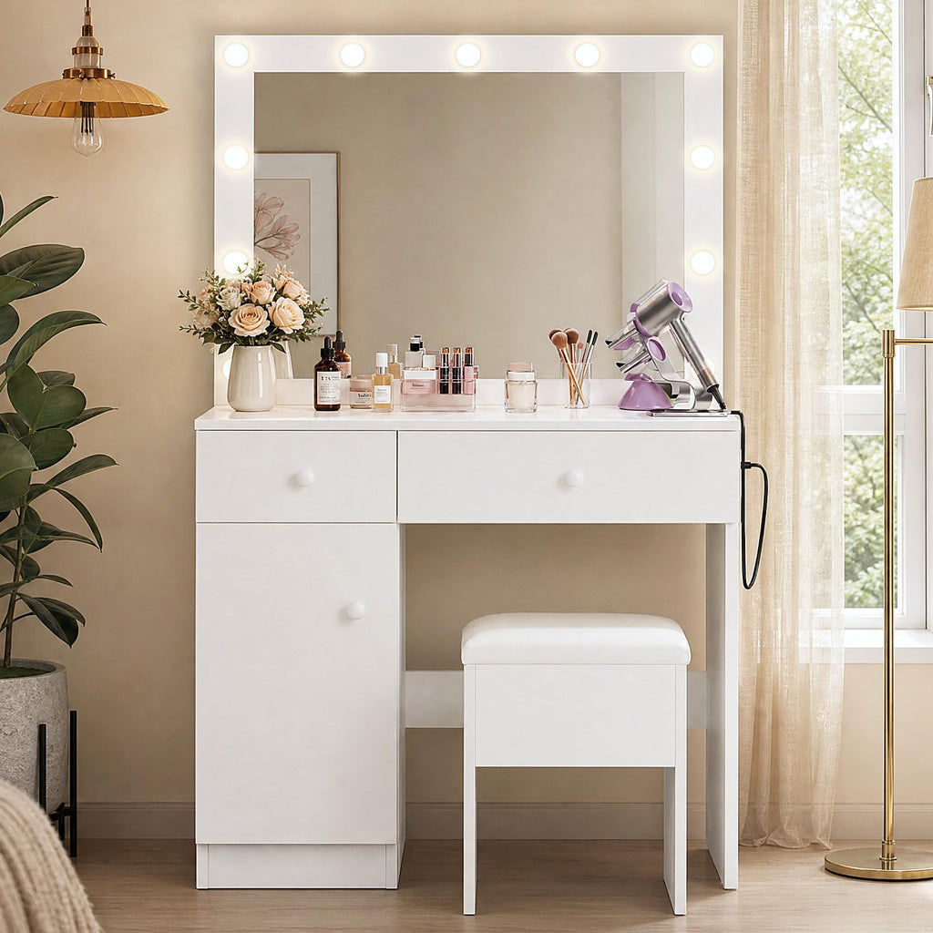 White Makeup Vanity Desk with Lighted Mirror and Chair Set K4510
