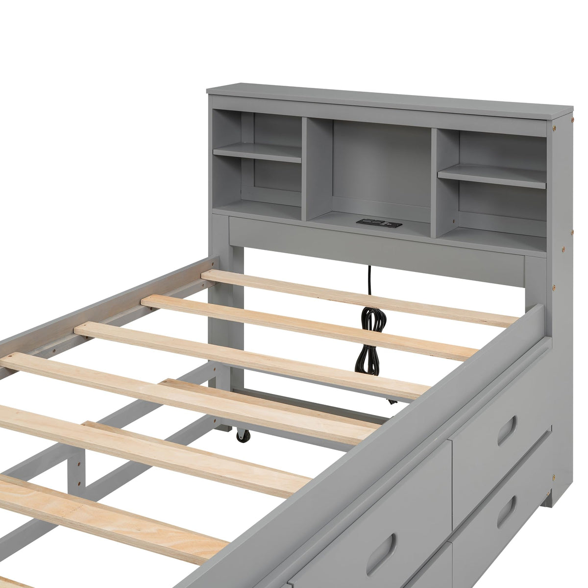 Twin Size Platform Bed with Storage Headboard, Trundle and 3 Drawers, Gray R319