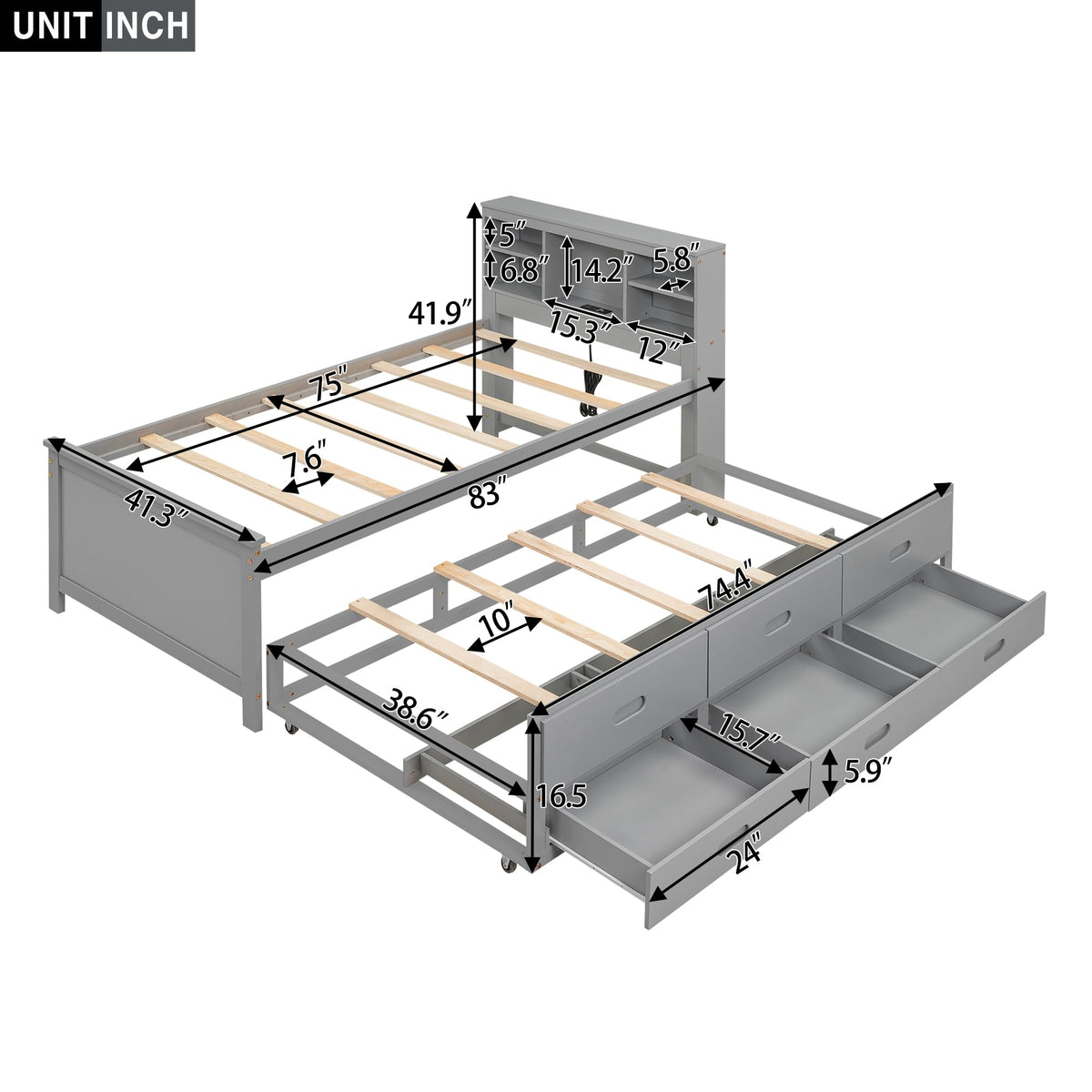 Twin Size Platform Bed with Storage Headboard, Trundle and 3 Drawers, Gray R319