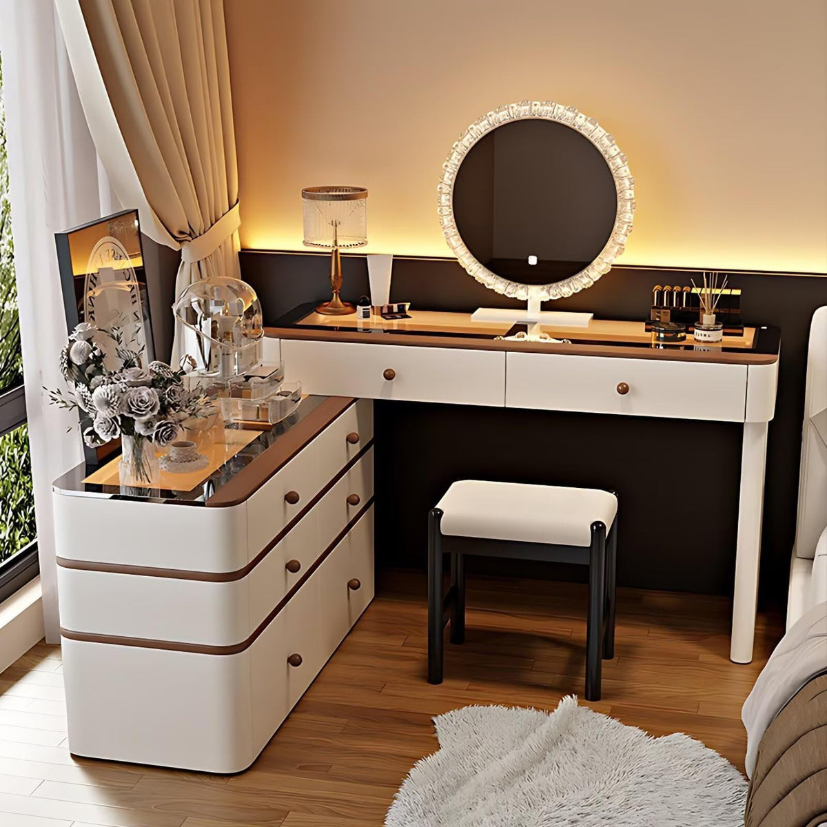 Leather Makeup Vanity with Tempered Glass Top & LED Light D1007