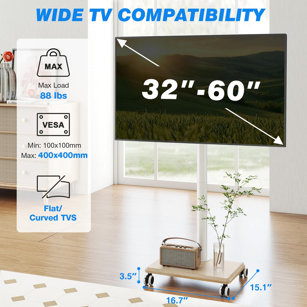 Rolling TV Stand for 32 to 60 Inch TV White Wood Base L65805
