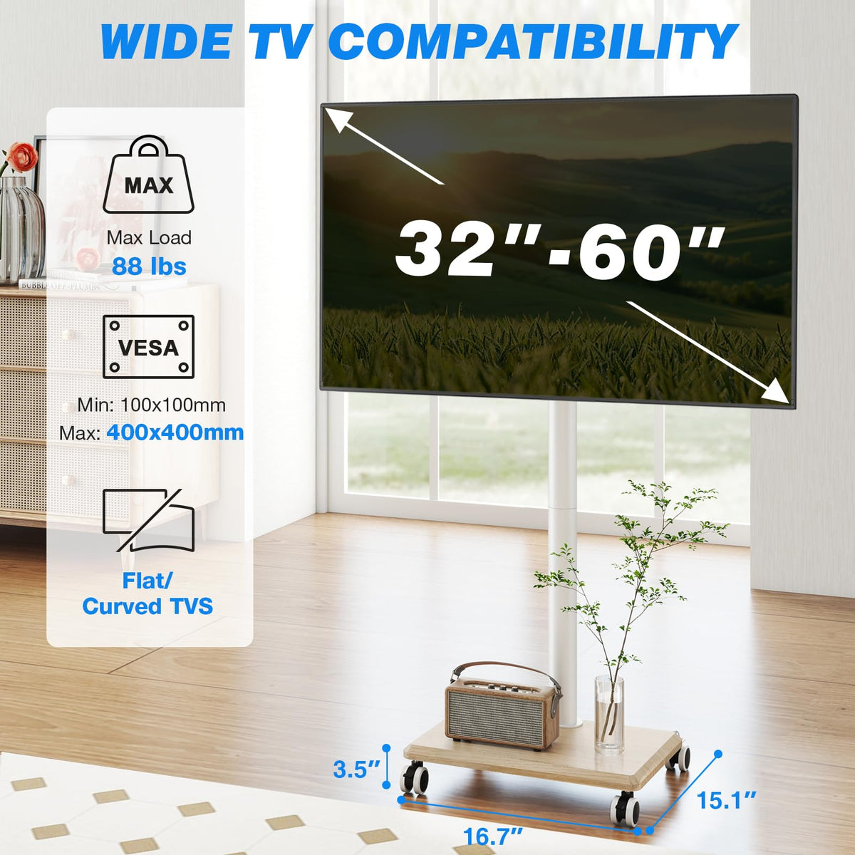Rolling TV Stand for 32 to 60 Inch TV White Wood Base L65805