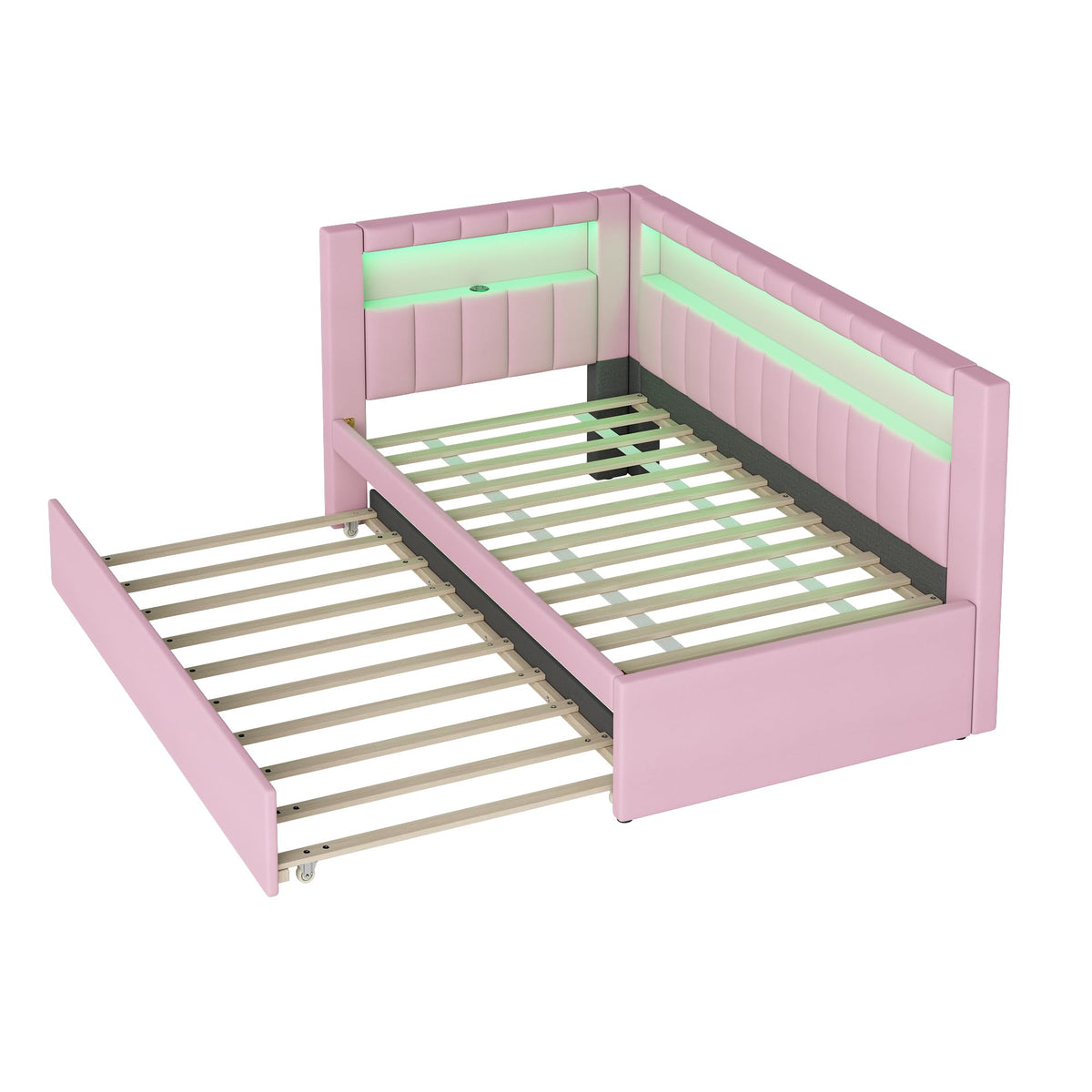 Twin Size Upholstered Platform Bed with Trundle and USB Ports O165774