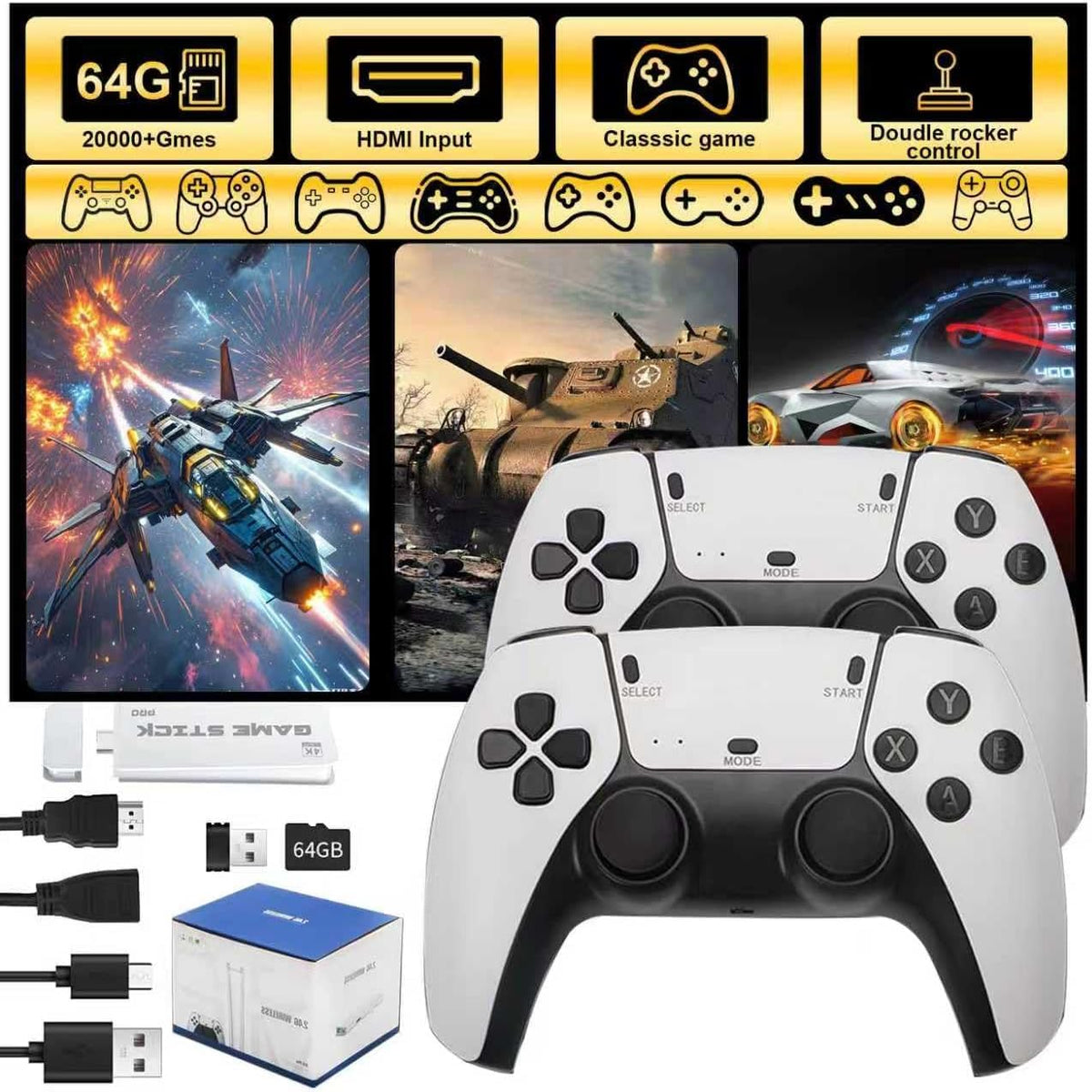 Retro Game Stick Console with 4K HDMI Output, 64GB Memory Card, and 2.4GHz Wireless Controllers H4573