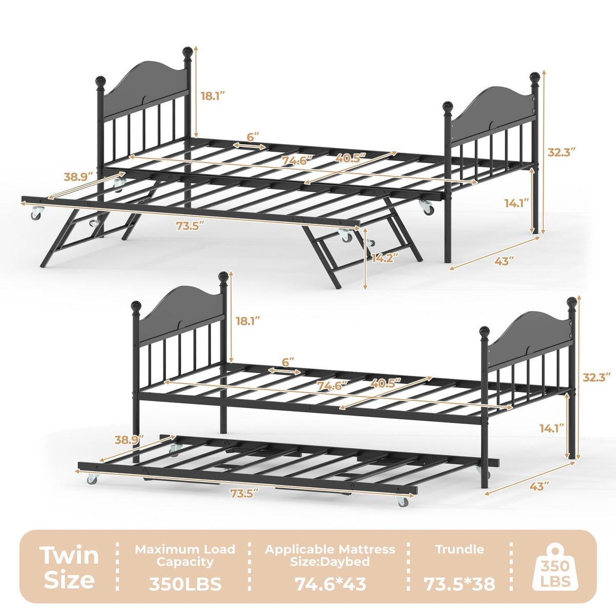 Black Daybed with Pop Up Trundle B895
