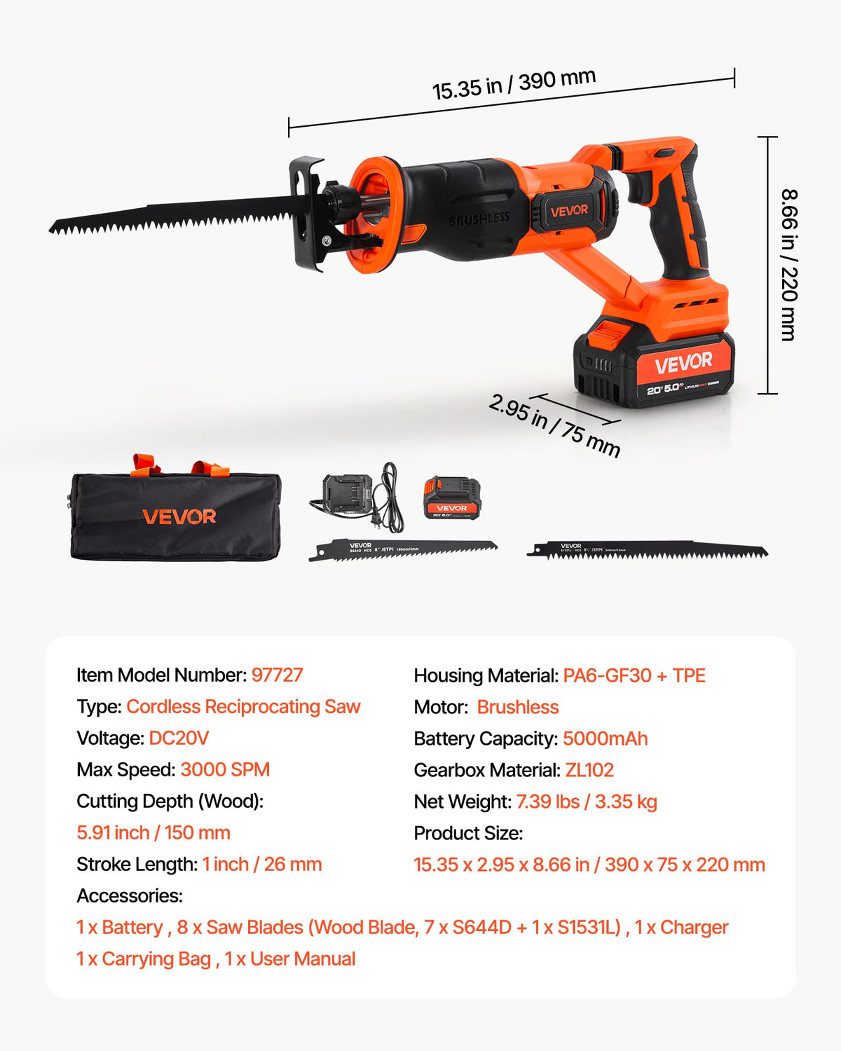 20V Cordless Reciprocating Saw with Battery, 8 Blades, and Carrying Bag Q93914