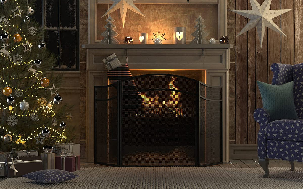 3 Panels Fireplace Screen with Arch Frame Black M37723