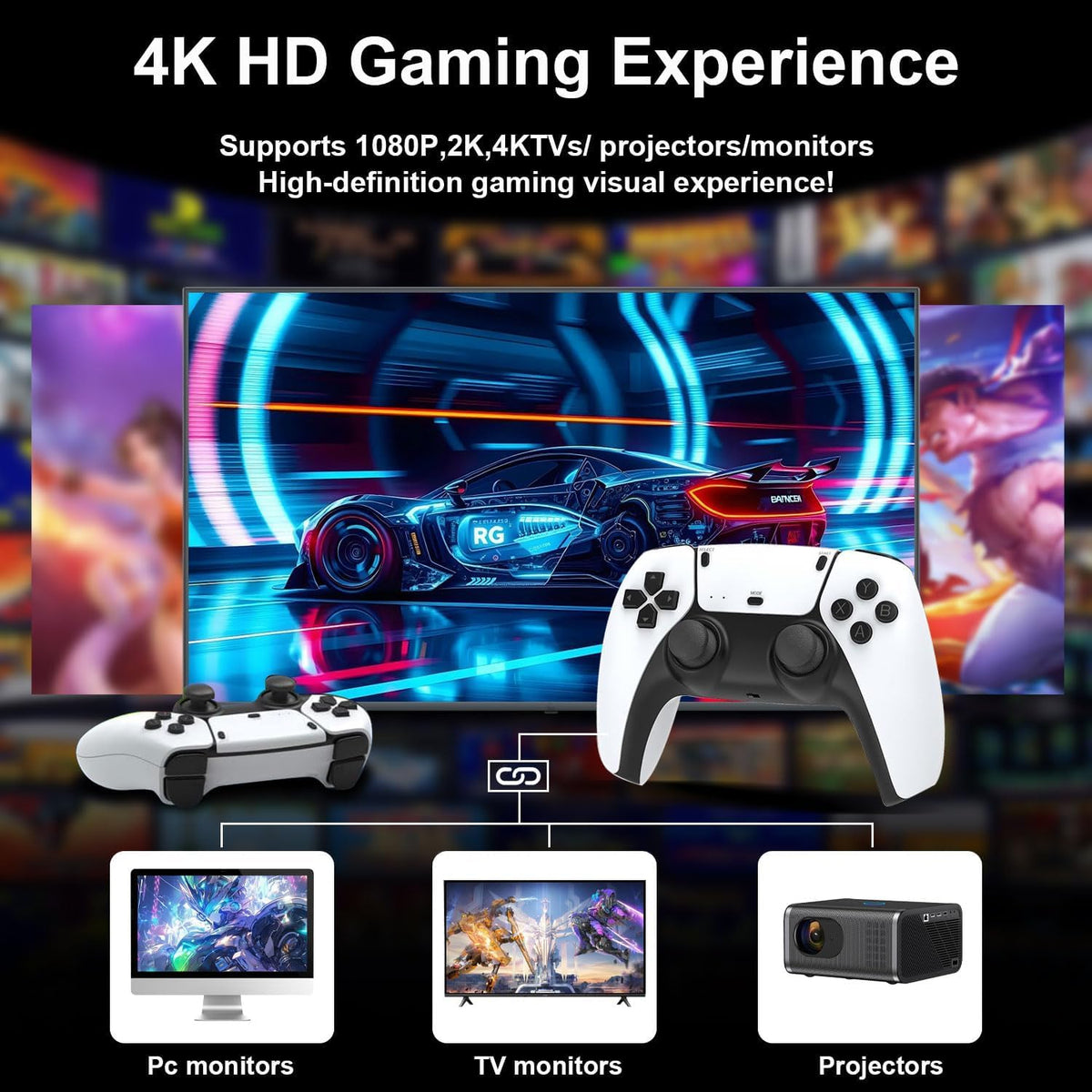 Retro Game Stick Console with 4K HDMI Output, 64GB Memory Card, and 2.4GHz Wireless Controllers H4573