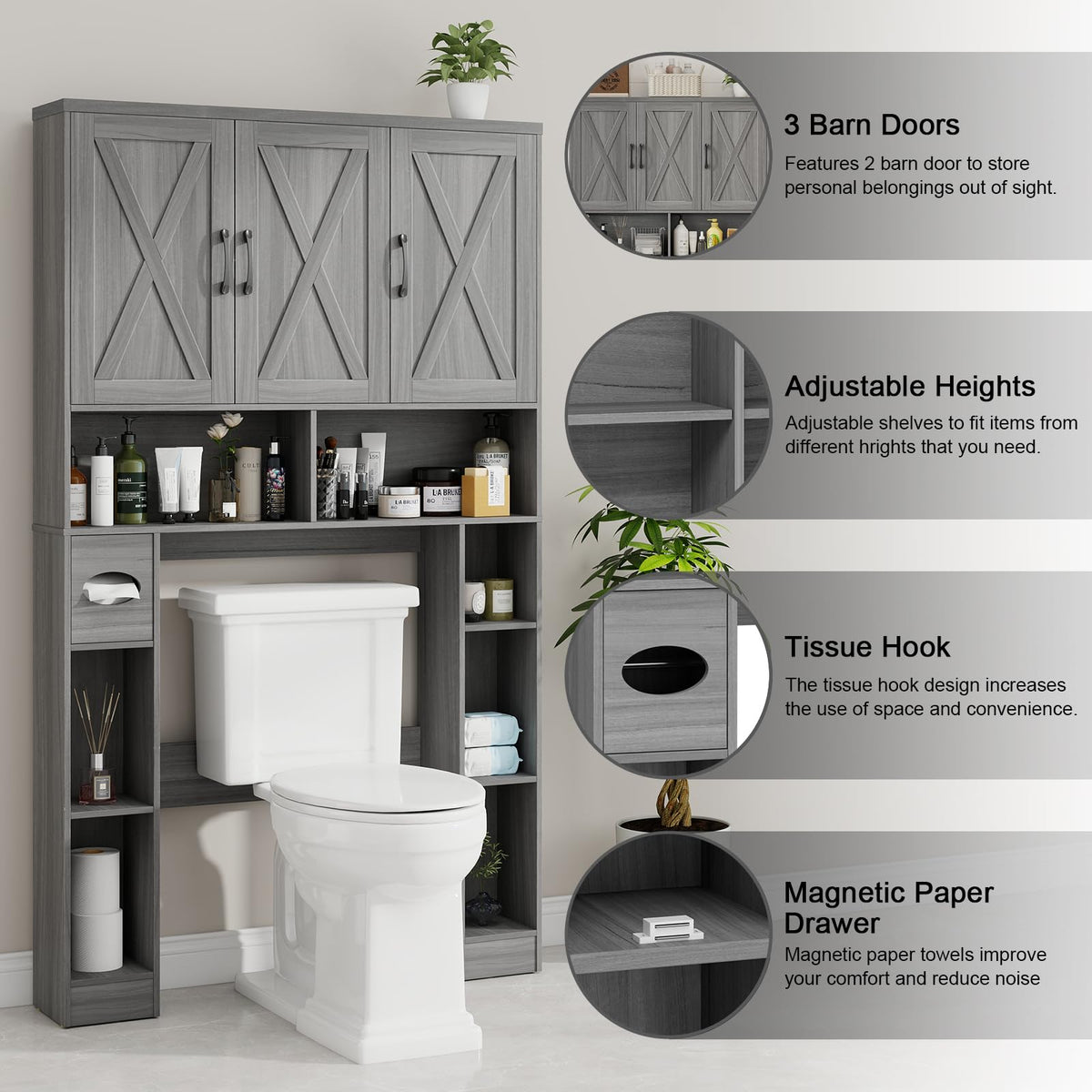 Over The Toilet Storage Cabinet with 3 Barn Doors G81679