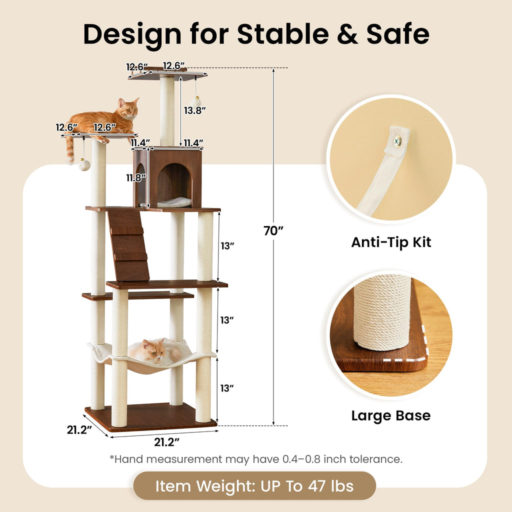 70 inch Tall Multi-Level Cat Tree with Scratching Posts, Perches, Hammock & Pad H4868