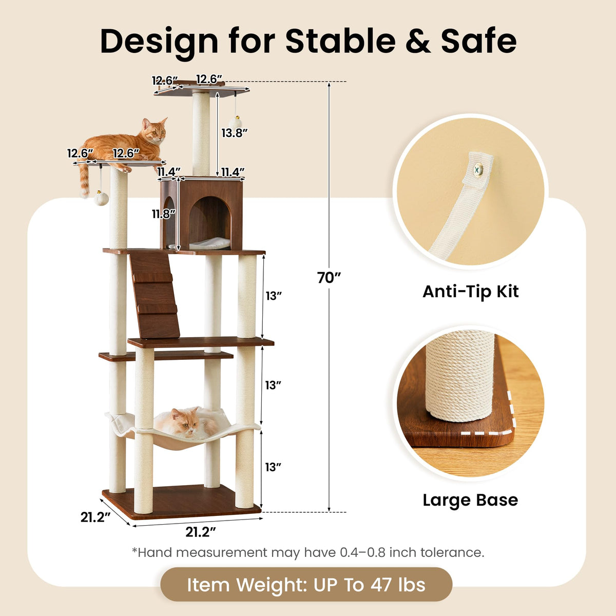 70 inch Tall Multi-Level Cat Tree with Scratching Posts, Perches, Hammock & Pad H4868