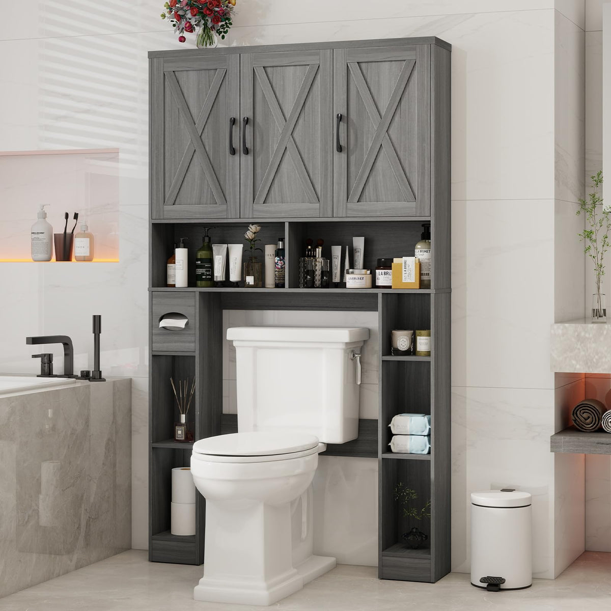 Over The Toilet Storage Cabinet with 3 Barn Doors G81679