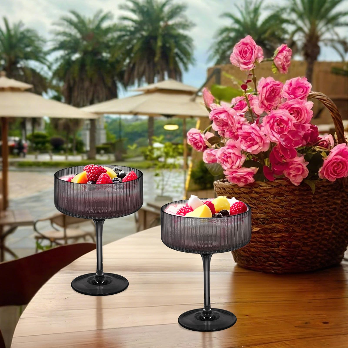 6 Pieces 10.5oz Black Ribbed Acrylic Cocktail Glasses W517