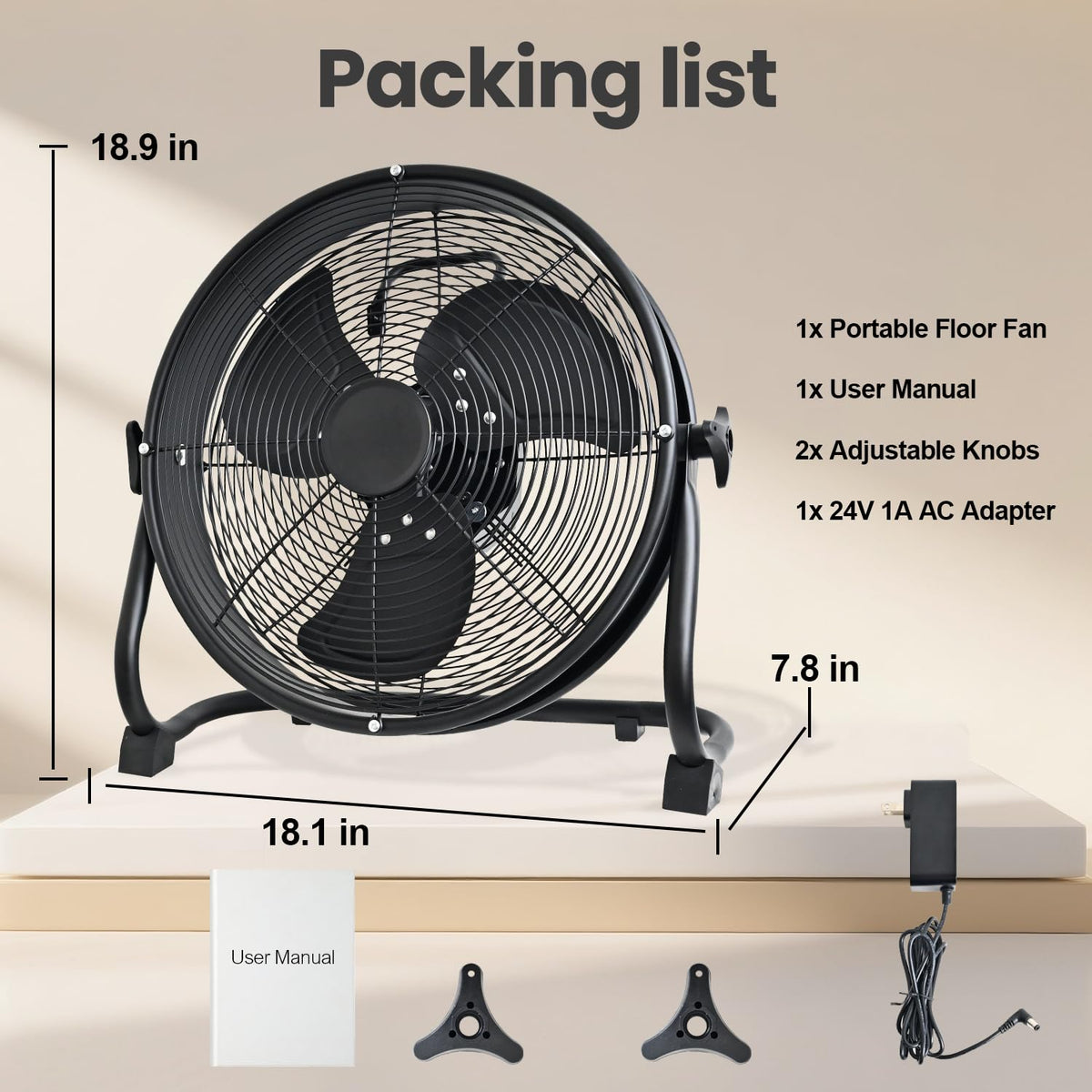 14" Battery Operated Floor Fan with AC Adapter, 1500 CFM Variable Speed Metal Fan H602715