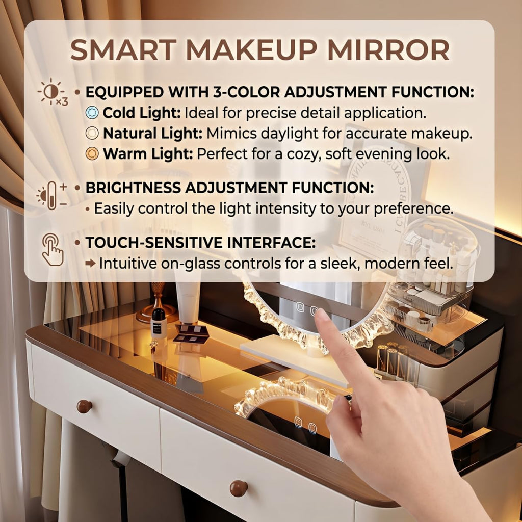 Leather Makeup Vanity with Tempered Glass Top & LED Light D1007