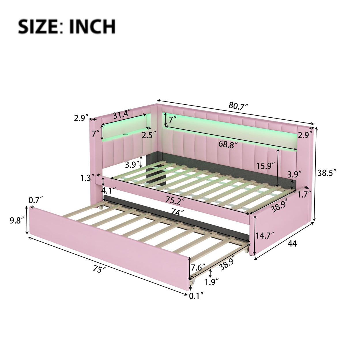 Twin Size Upholstered Platform Bed with Trundle and USB Ports O165774