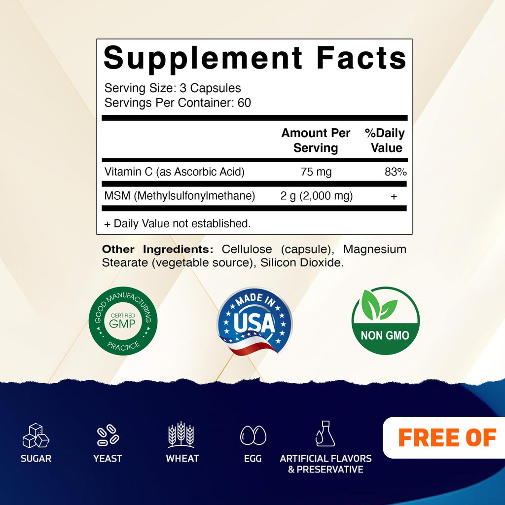 MSM 2000 mg with Vitamin C 180 Veg Capsules Non-GMO Gluten Free V1378